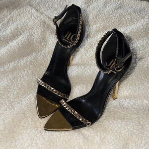 Jennifer Lopez Black and Gold Chain-Trim Stiletto Heels